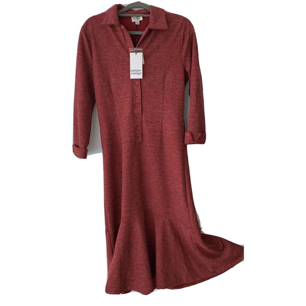 Unique Vintage Dress Womens XL Size 14 Red Sparkle Threaded Cuffed Sleeves NWT
